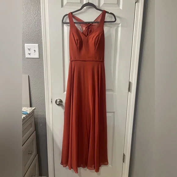 terracotta dresses for bridesmaid Terracotta Chiffon Floor Length V-Neck Bridesmaid Dresses main image 0